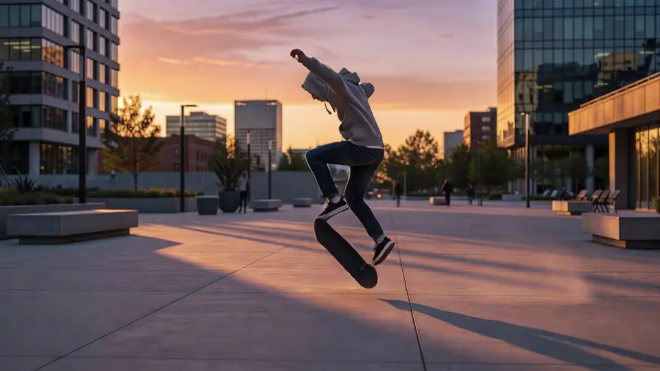The skater is in the air above the flipping board.