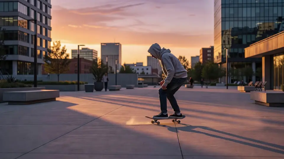 Back on the board, dust sprays out behind the wheels.