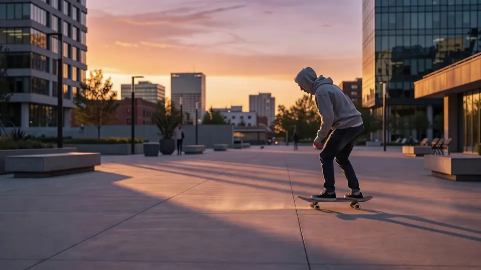 Dust trails behind the wheels as the skater rolls on.