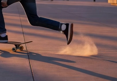 Close-up of take 3 at 0.8 s: the pushing foot kicks up dust from clean, dry concrete