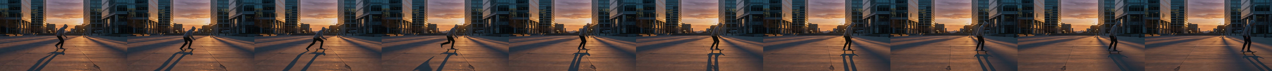 A skater in a grey hoodie pushes off twice across a sunlit plaza and rolls on, feet steady on the board.