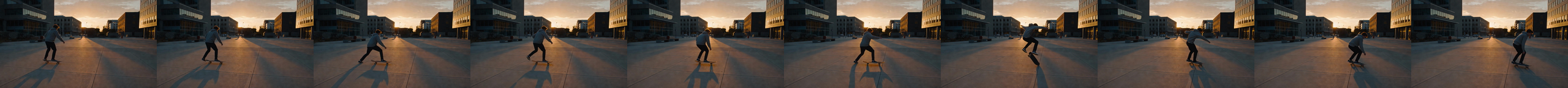A skater pushes across the plaza, then pops a kickflip the prompt never asked for and lands rolling.