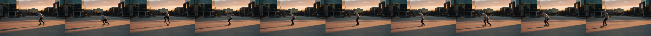 A skater pushes, flips the board early in a trick the prompt never asked for, then rolls away across the plaza.