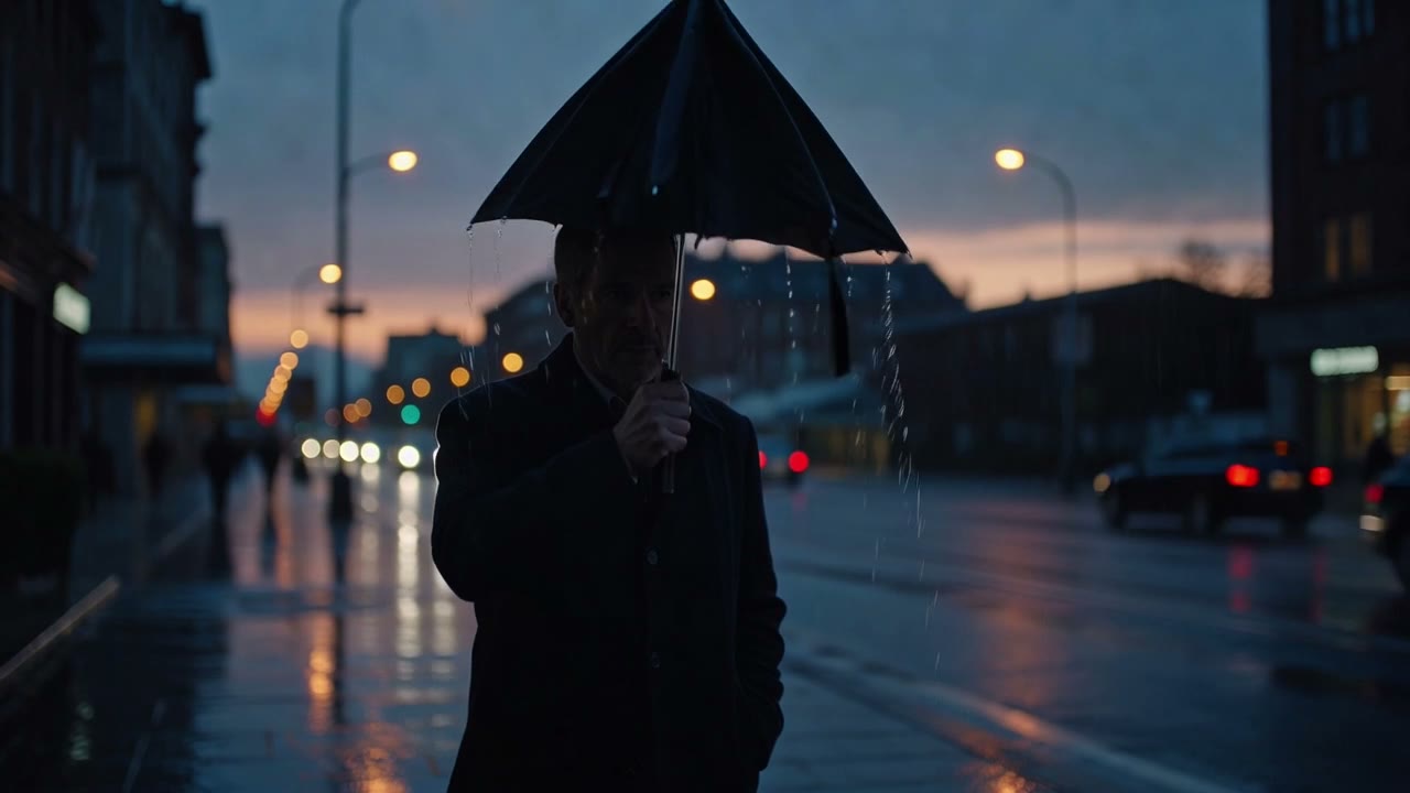 A man holds a black umbrella on a city street at dusk.