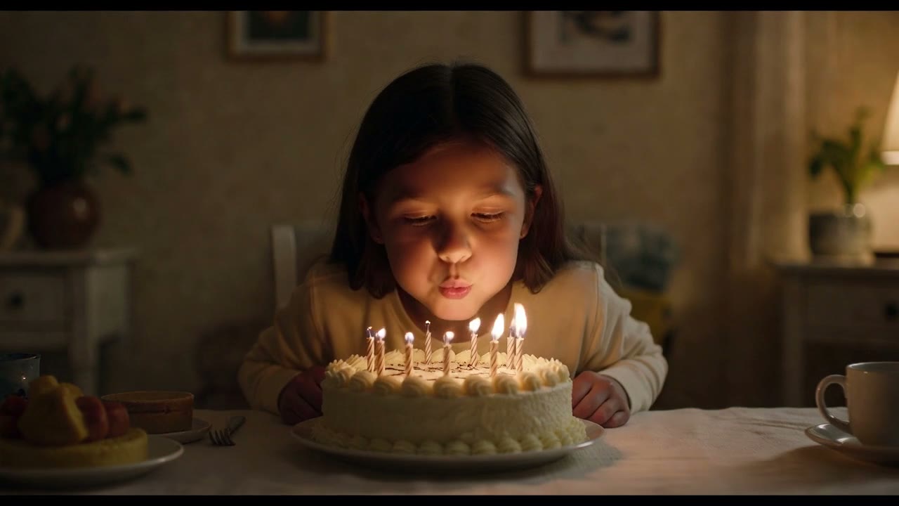A girl blows out the candles on a birthday cake.