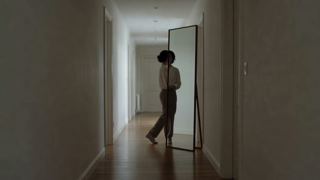 A woman walks along a hallway towards a tall mirror and meets her reflection.