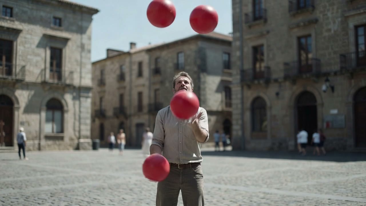 A street performer juggles red balls in a town square.