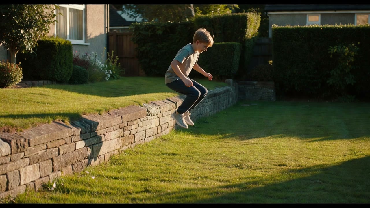 A boy jumps off a low garden wall onto the grass.